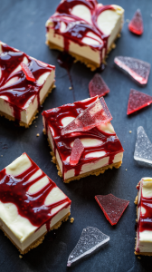 Bloody Cheesecake Bars with Broken Glass Caramel Use store-bought sugar cookie dough for the base, then layer on creamy cheesecake filling. Swirl in raspberry jam and top with shards of rock candy for a realistic blood-splatter effect.