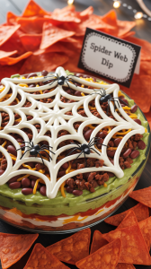 taco layer dip with piped sour cream in a spider web pattern
