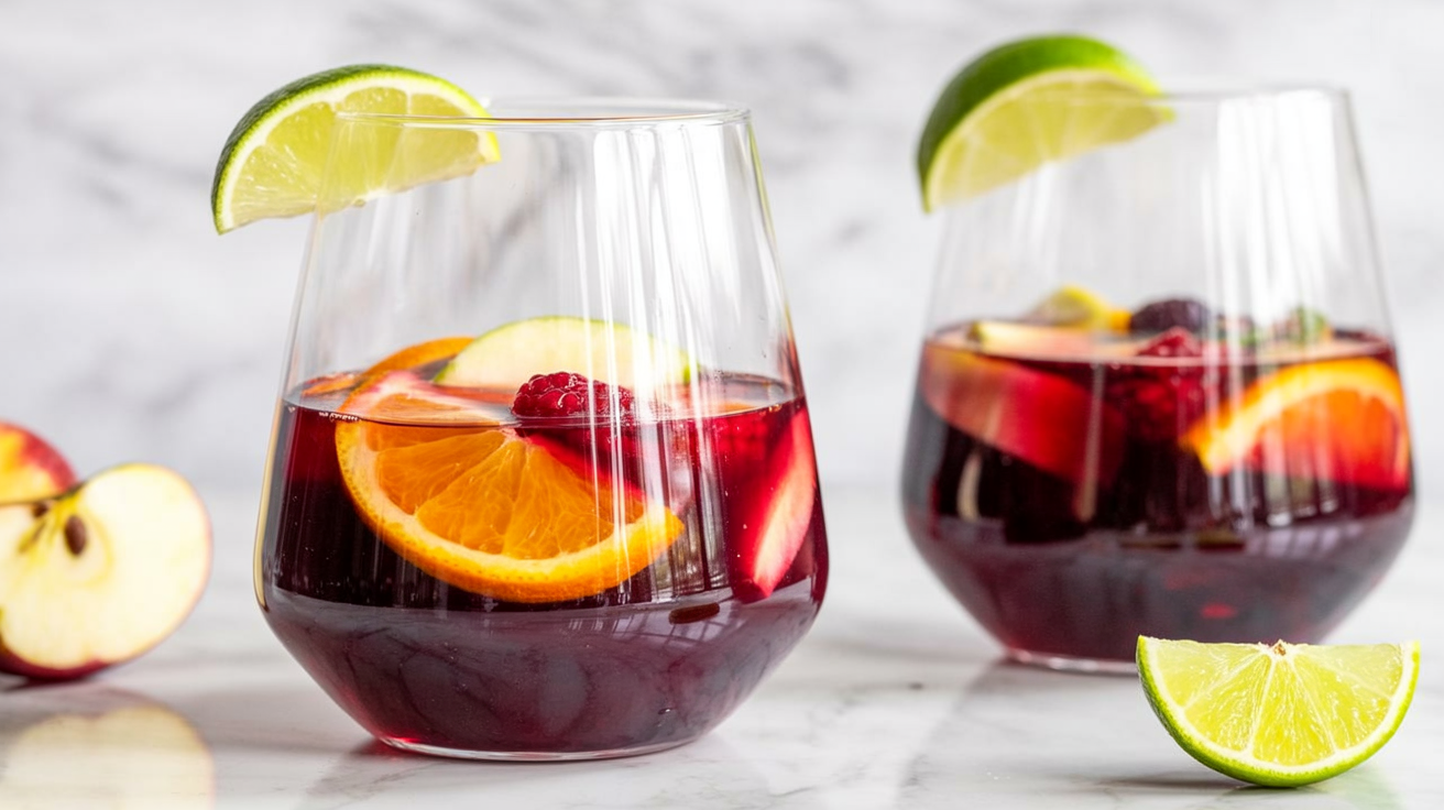two elegant, stemless wine glasses filled with vibrant sangria, set against a pristine white marble backdrop