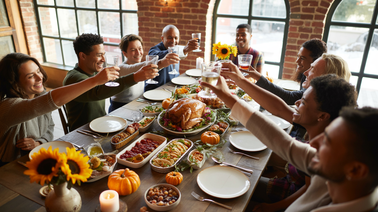 A warm, intimate photograph of a joyous Thanksgiving dinner gathering centered around a long, weathered wooden table