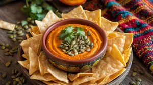 Mayan Pumpkin Seed Dip in a bowl surrounded by chips