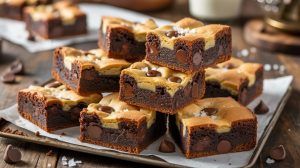 a white plate with chocolate chip brookies piled high