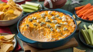 a blue bowl filled with a creamy buffalo chicken dip topped with blue cheese crumbles