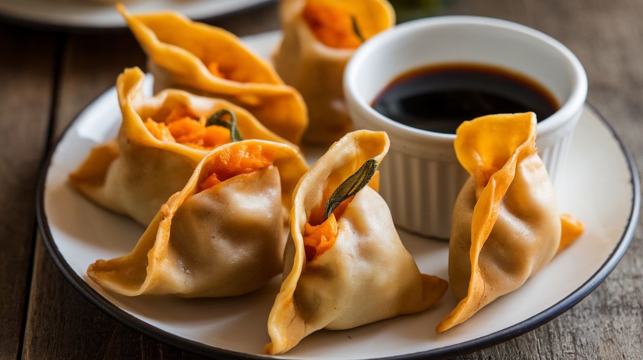 a plate of butternut sage dumplings with a soy dipping sauce