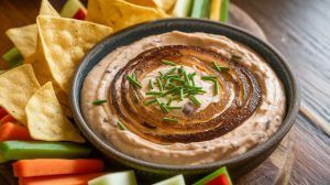 Caramelized Onion Dip in a bowl surrounded by chips and fresh cut veggies