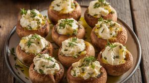 a platter of mushroom caps stuffed with a goat cheese mixture