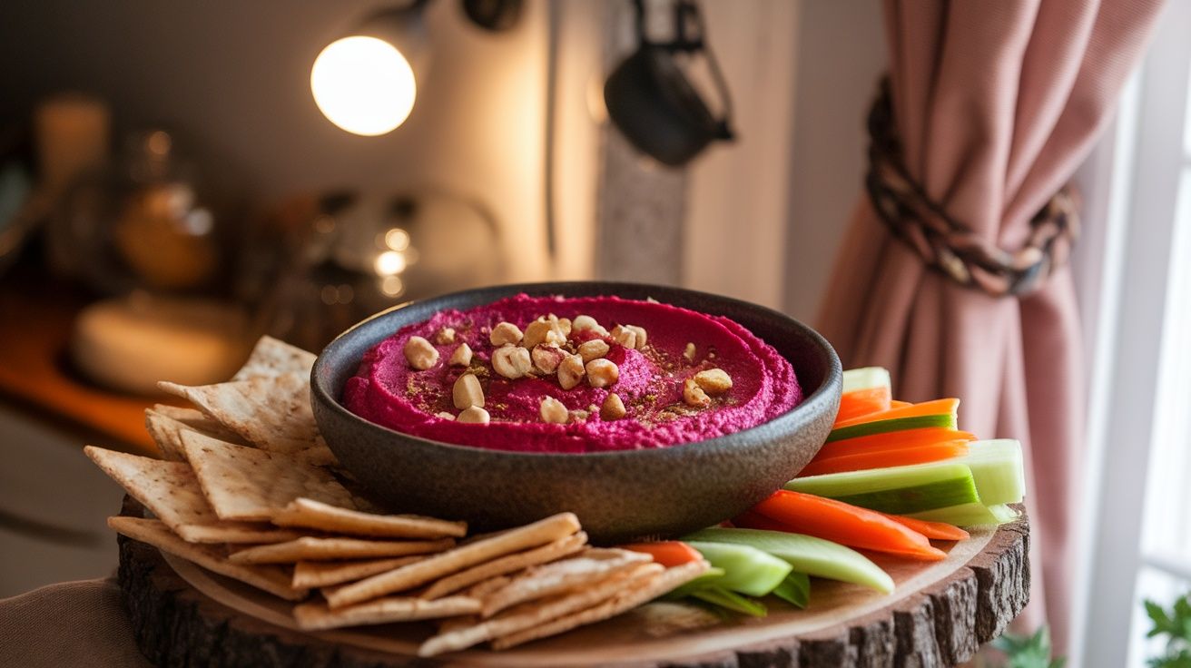 Za’atar Beet Dip with Hazelnuts on a wooden serving platter surrounded by fresh veggies and pita bread slices