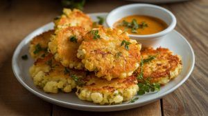 a plate of Cauliflower Fritters with dipping sauce