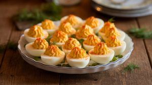 a platter of perfect deviled eggs sprinkled with a dash of paprika on top