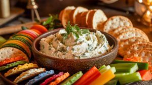 Goat Cheese and Herb Spread in a bowl surrounded by fresh vegetables and baguette slices