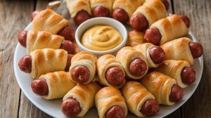 a large number of Pigs in a Blanket on a platter with a bowl of mustard in the center for dipping