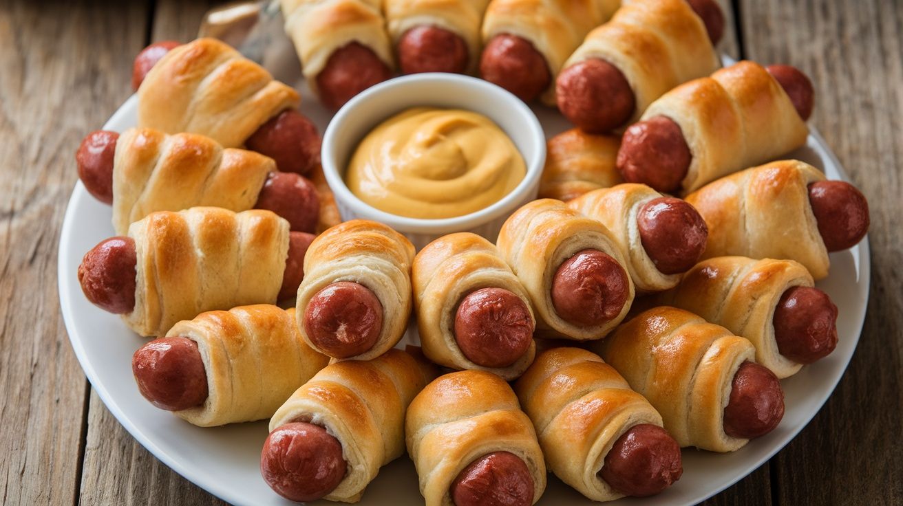 a large number of Pigs in a Blanket on a platter with a bowl of mustard in the center for dipping
