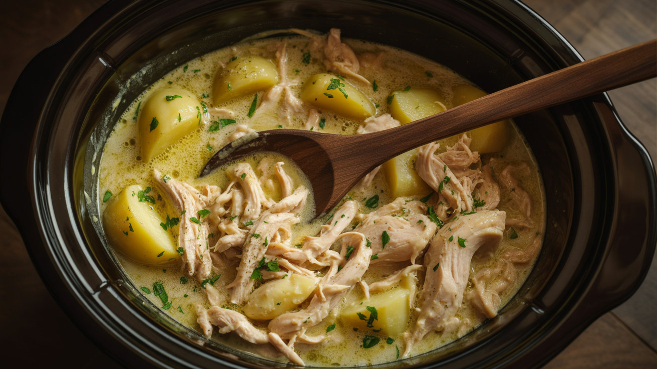 a black ceramic crockpot filled with creamy shredded chicken and potatoes in a rich garlic sauce