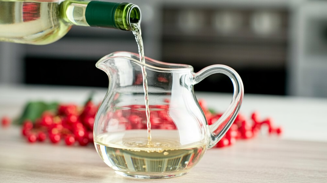 a pristine white wine bottle elegantly pouring a stream of pale golden liquid into a curvaceous glass pitcher