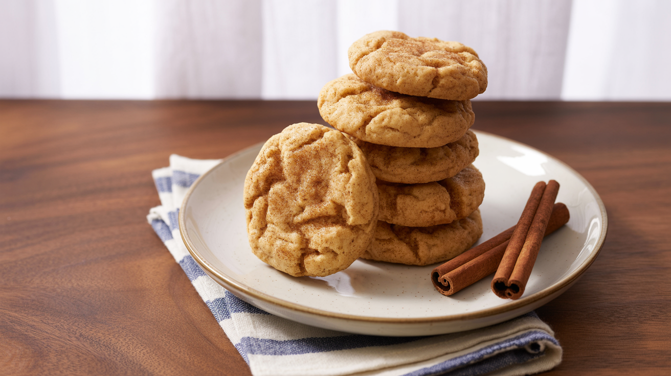 a stack of golden-brown snickerdoodle cookies artfully arranged on a white speckled ceramic plate