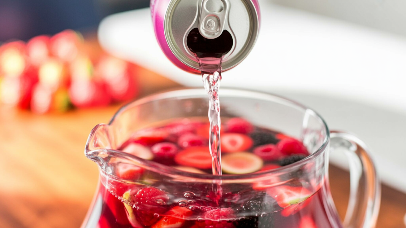 clear-colored sparkling water being poured from a can into a large clear glass pitcher that is already mostly full with a red tinted sangria