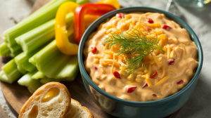 creamy pimento cheese dip presented in a dark blue ceramic bowl