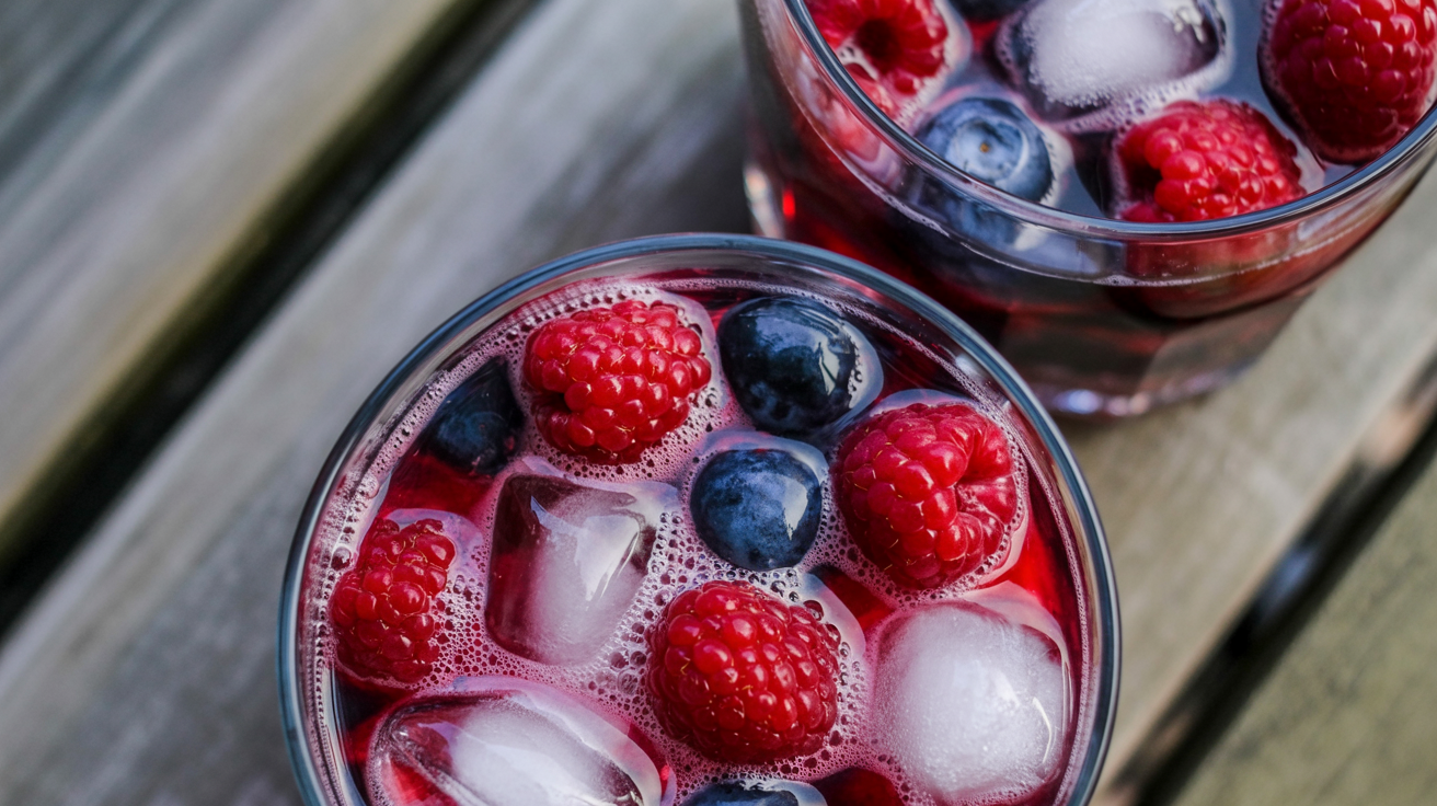 two clear glass tumblers filled with a vibrant red berry cocktail and a generous amount of ice cubes