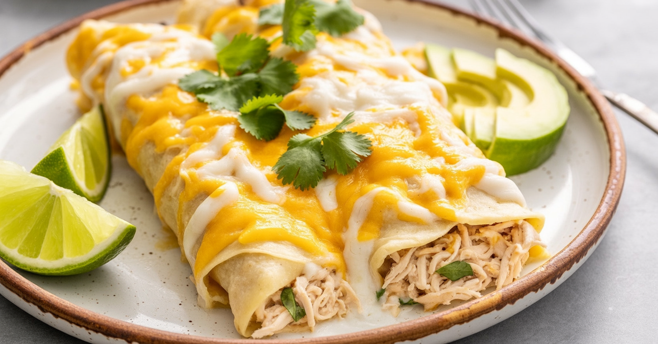 two perfectly stacked sour cream chicken enchiladas on a speckled beige ceramic plate with a warm brown rim