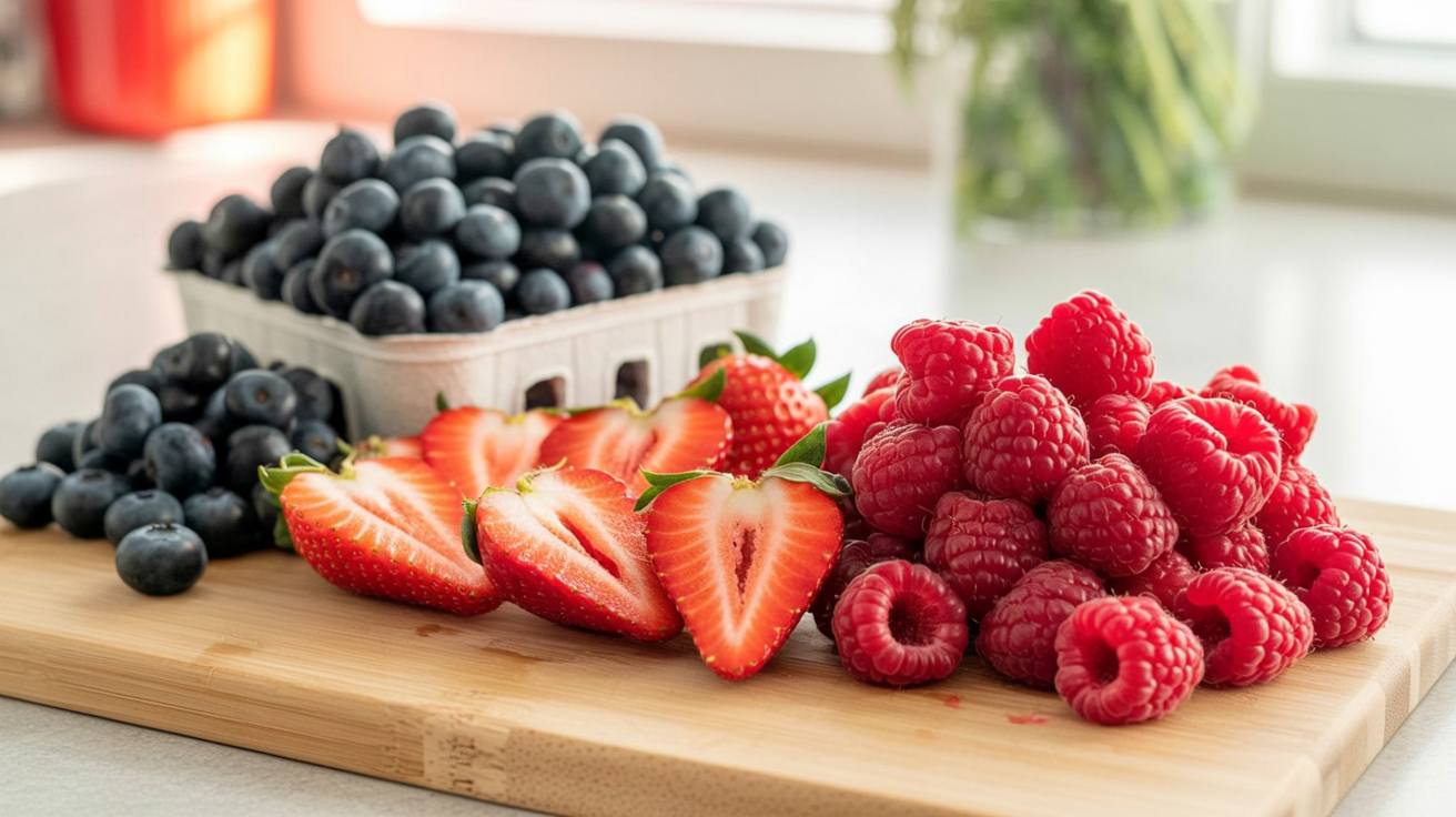 wooden cutting board showcasing a vibrant assortment of fresh berries
