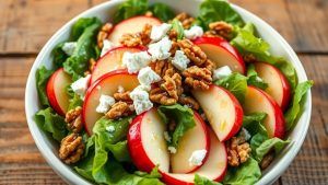 a spinach salad with apple slices and walnut pieces and feta cheese