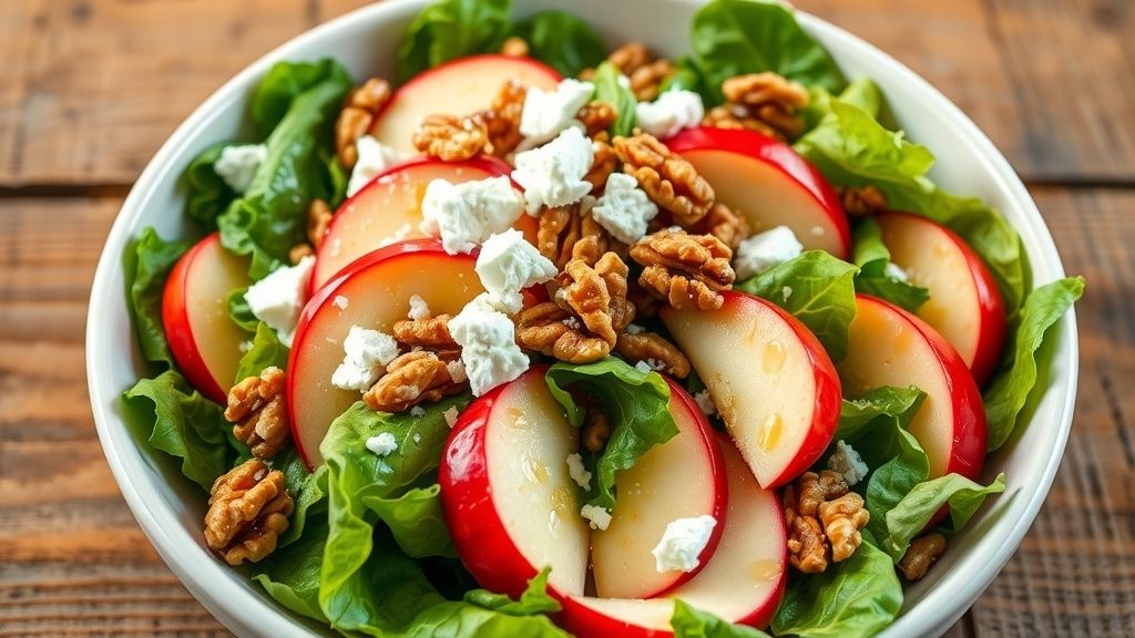 a spinach salad with apple slices and walnut pieces and feta cheese