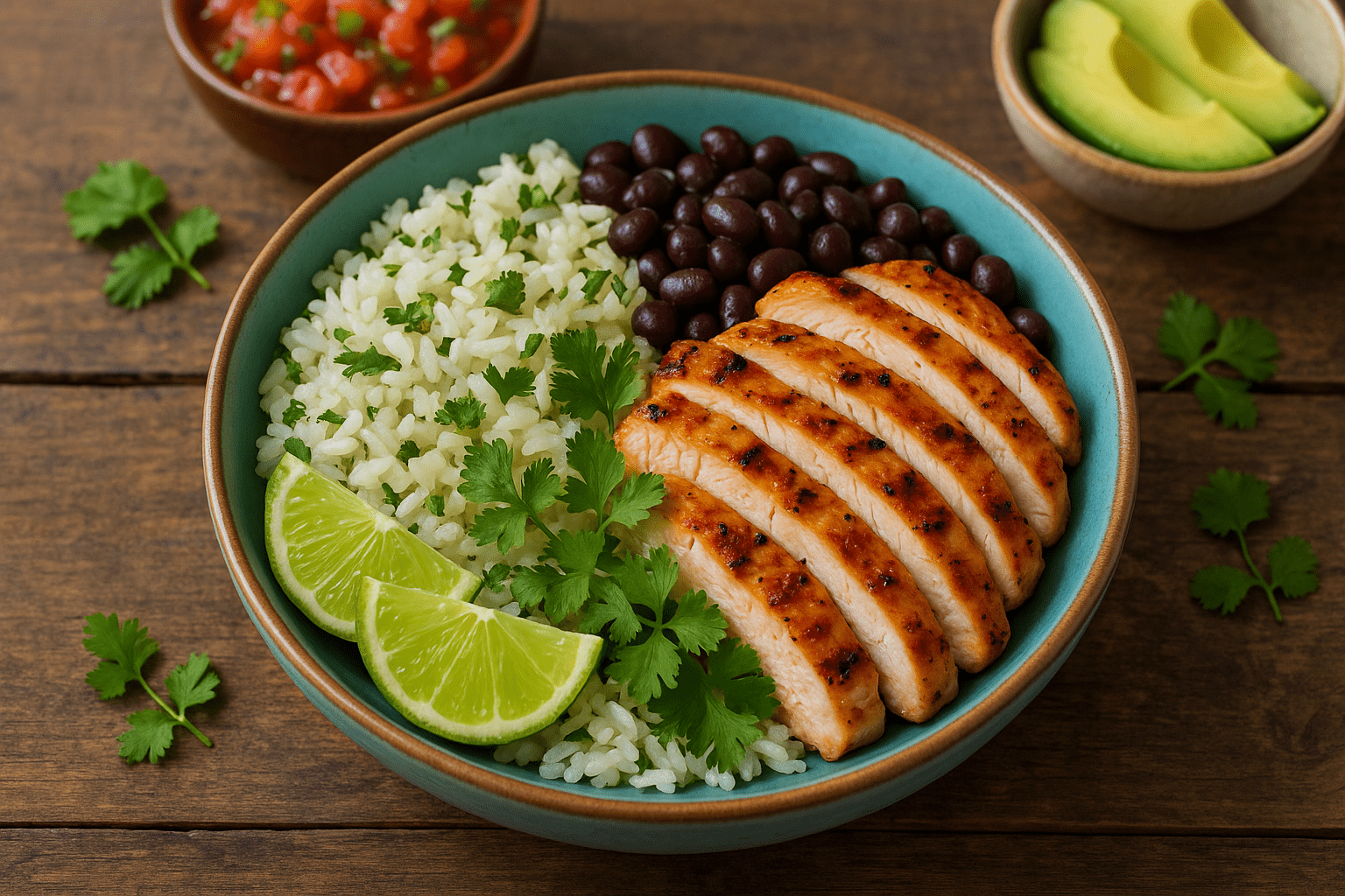 a rice bowl of cilantro lime rice, black beans, and grilled chicken slices with cilantro and lime wedges