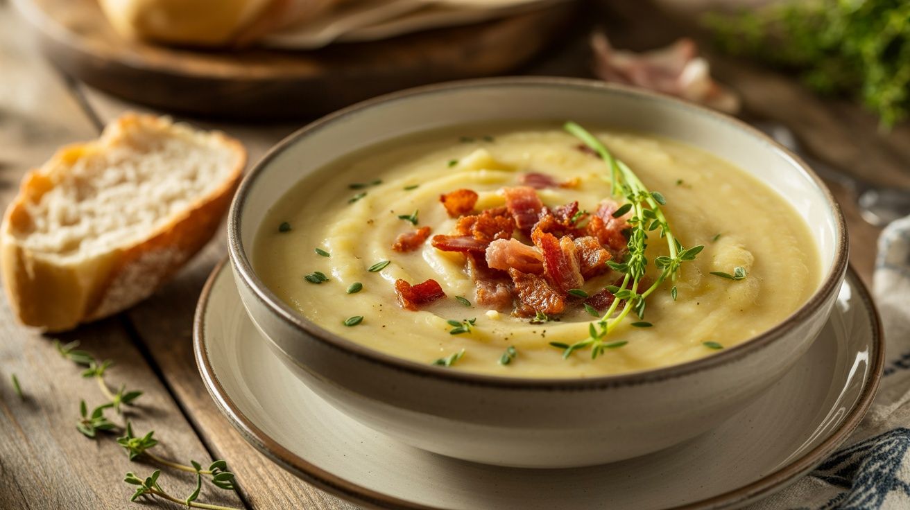 a bowl of creamy potato leek soup topped with crispy bacon and fresh herbs