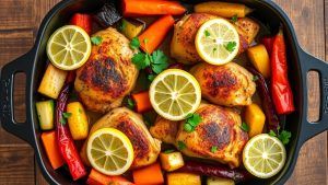 chicken thighs and vegetables topped with lemon slices
