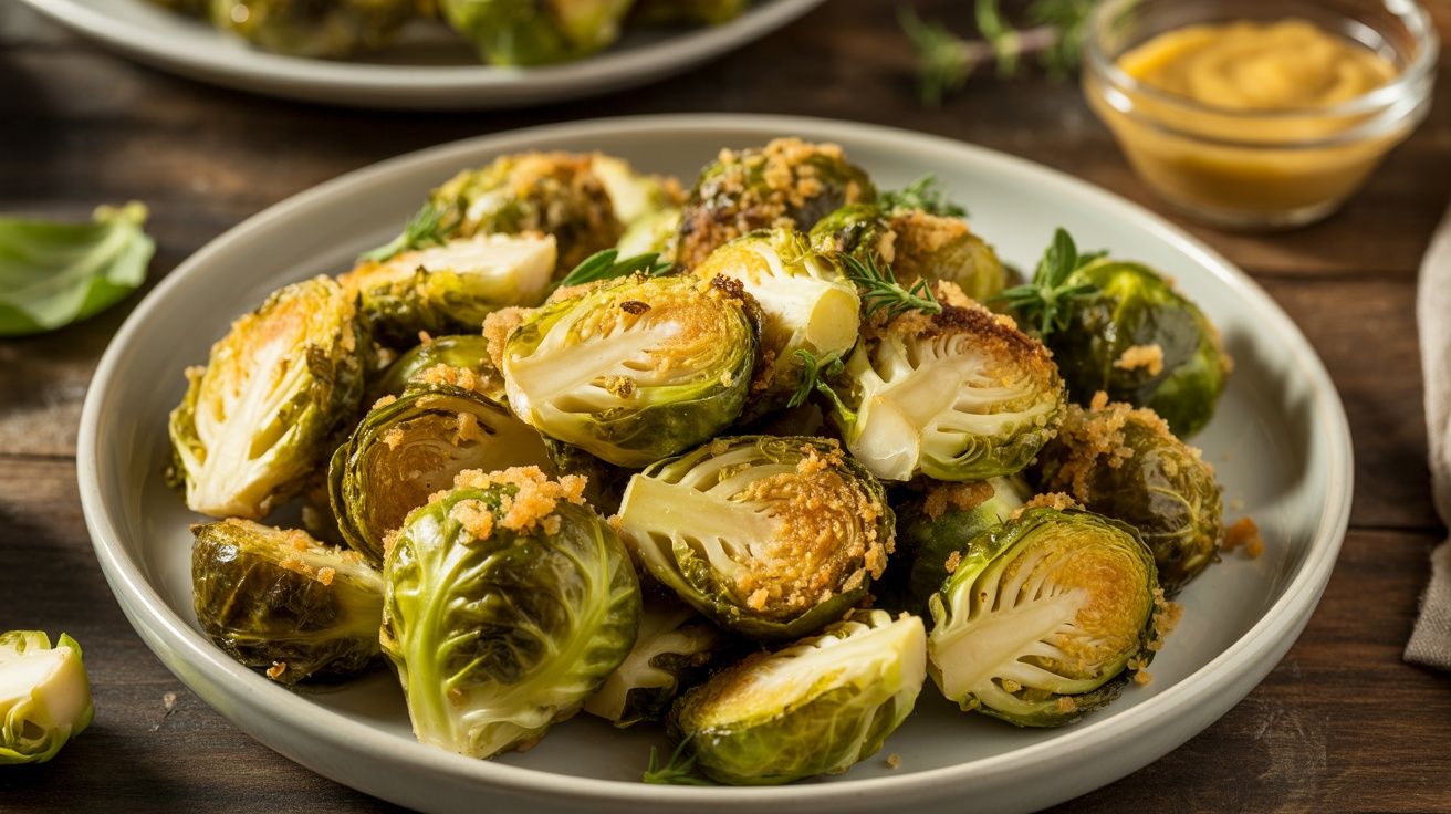 a bowl of parmesan crusted Brussels sprouts