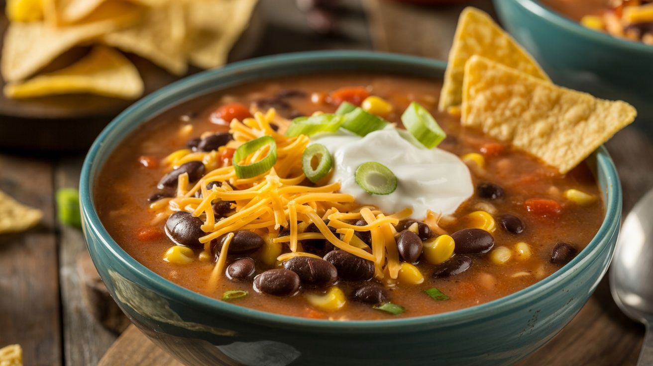 a bowl of hearty taco soup with beans, ground beef, cheese, and sour cream