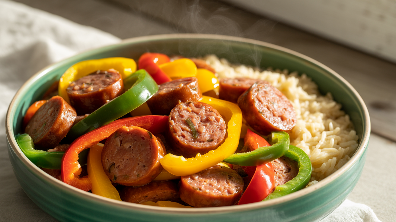 a vibrant bowl filled with sliced Italian sausage and an assortment of bell peppers