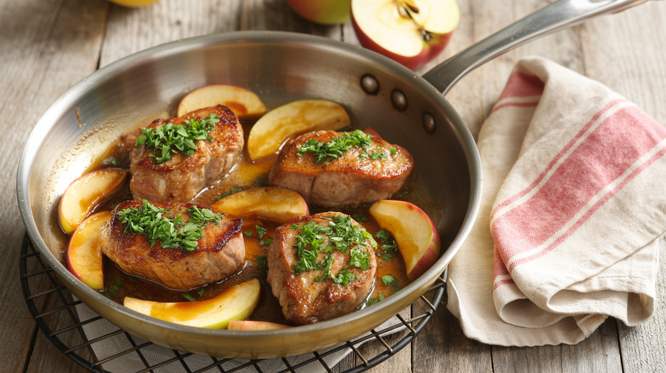a pan-seared pork dish with sliced apples in a stainless steel pan