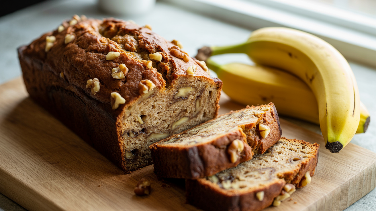 a rustic sliced banana bread loaf resting on a light oak cutting board
