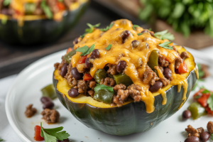 a stuffed acorn squash half filled with a mixture of ground beef, black beans, and diced green peppers, topped with melted cheddar cheese and garnished with fresh cilantro leaves