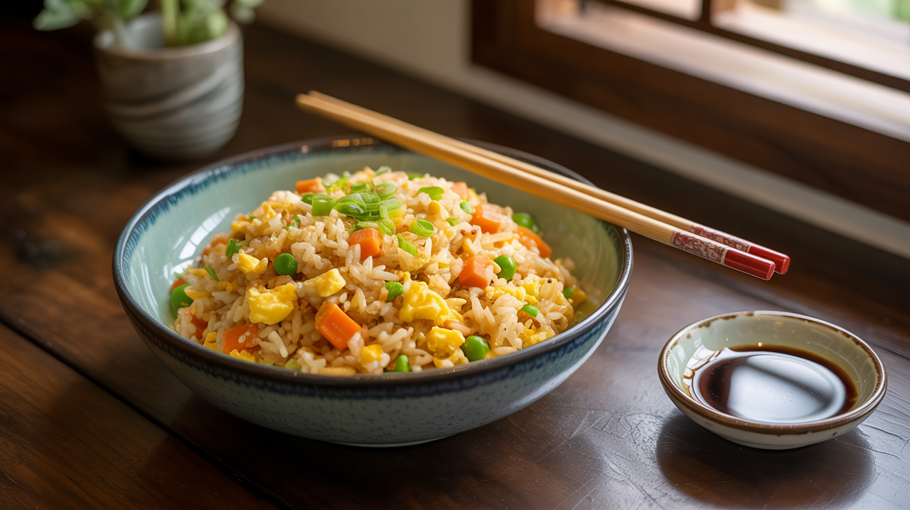 a vibrant bowl of egg fried rice placed centrally on a dark wood Asian themed dining table