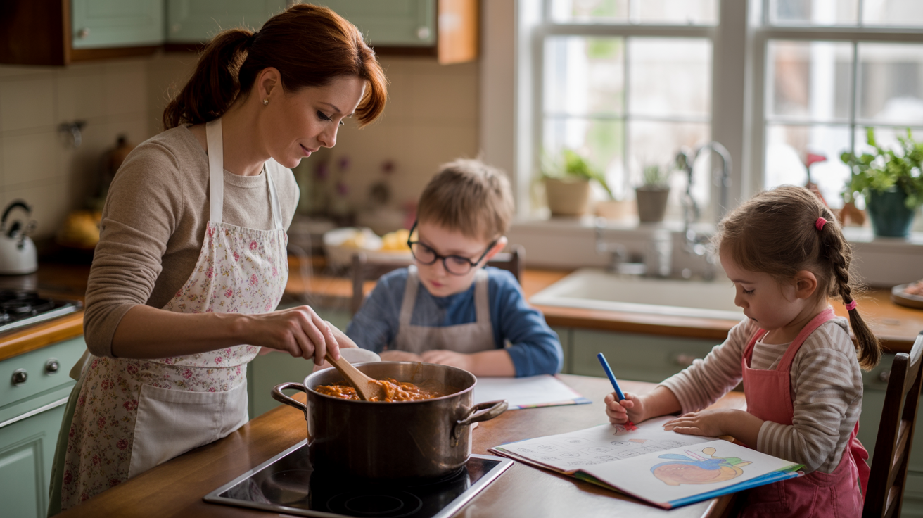 a warm and inviting kitchen scene centered around a mother diligently cooking at the stove with 2 kids in the background