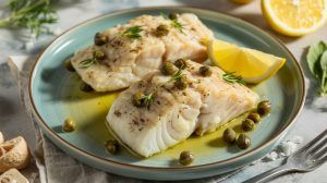 a plate of flaky cooked cod with a lemon caper sauce