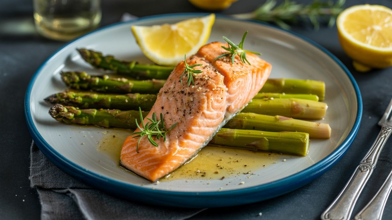 salmon filet on top of roasted asparagus with a lemon slice