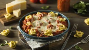 tortellini and marinara in a bowl with melted cheese