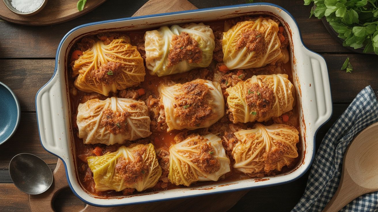cabbage rolls in sauce in a baking dish