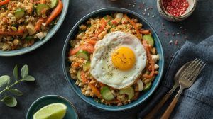 a bowl of fried riced cauliflower with veggies and a fried egg on top