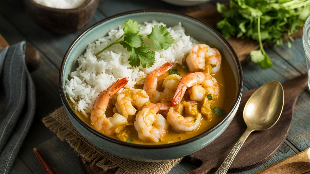 shrimp in a curry sauce over rice in a bowl
