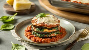 a stack of eggplant parmesan with marinara sauce, spinach leaves, and melted cheese on top