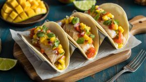 3 fish tacos in a metal holder with mango salsa