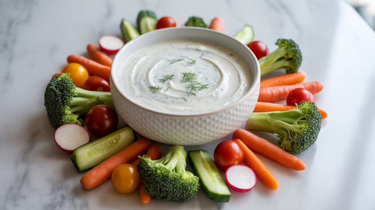 fresh vegetables arranged around a white textured ceramic bowl filled with creamy white dip. The dip is garnished with minced fresh dill