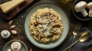 creamy risotto on a plate with mushrooms and parmesan