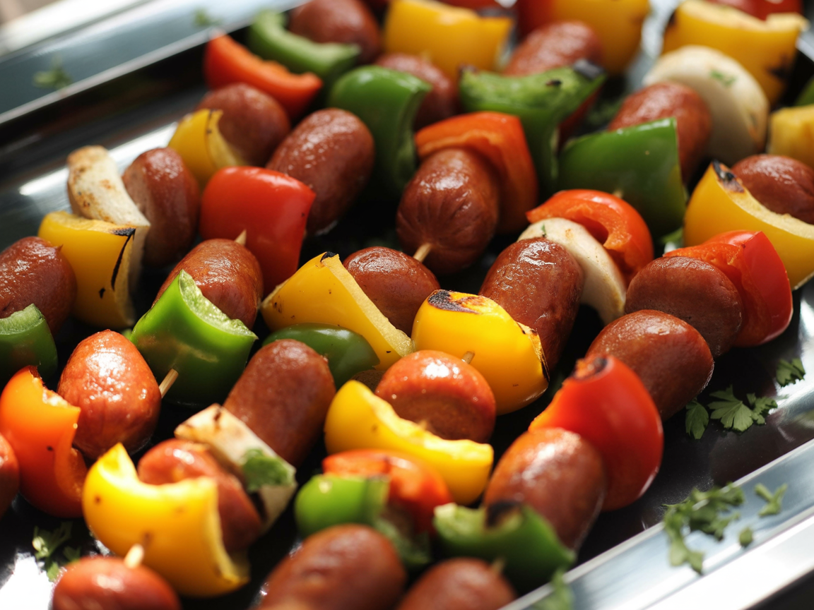 grilled sausage and vegetable kebabs on a black rectangular serving tray