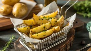 a fryer basket full of herbed potato wedges