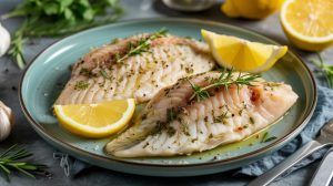 lemon garlic tilapia on a plate with lemon wedges